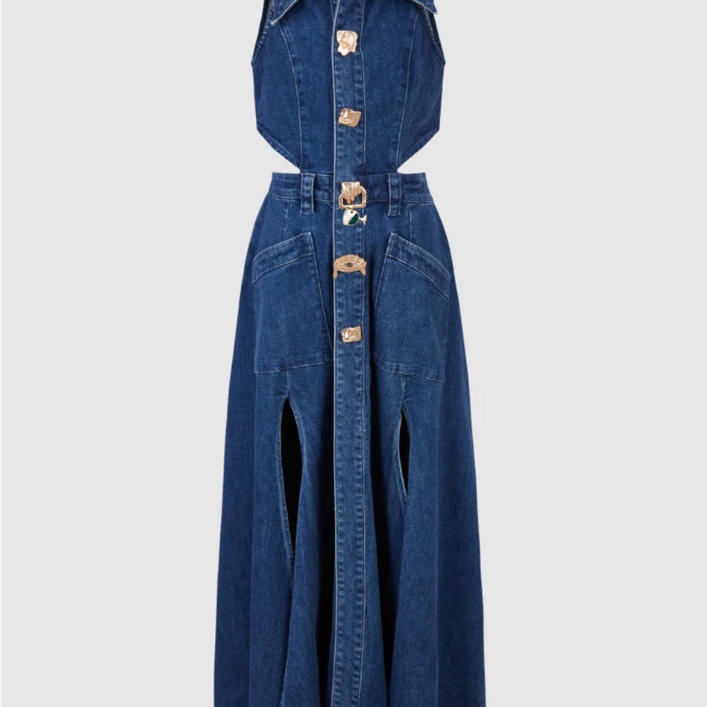 CUT-OUT SLEEVELESS LAPEL DENIM DRESS